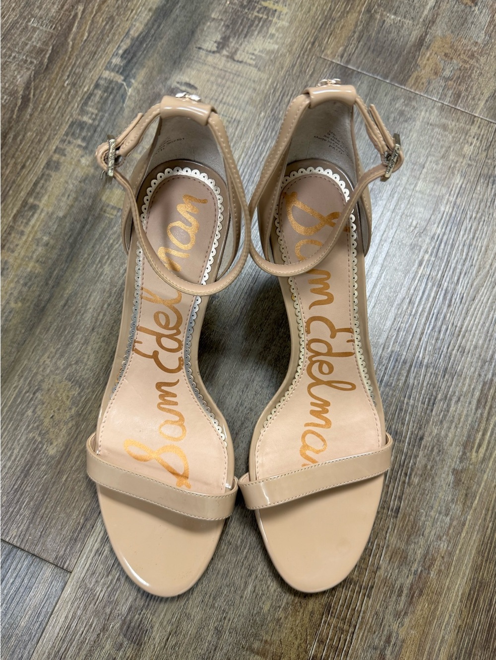 Sam Edelman Beige Patent Ankle-Strap Heeled Sandals